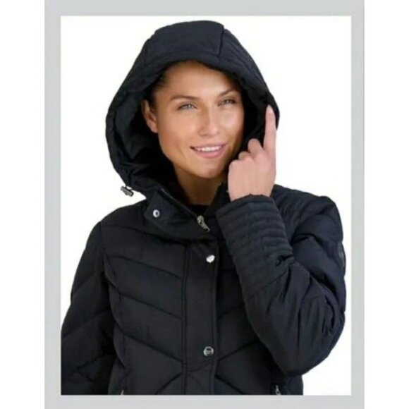 NWT Steve Madden Women's Black Chevron Puffer Long Winter Coat Size XS - Picture 2 of 9